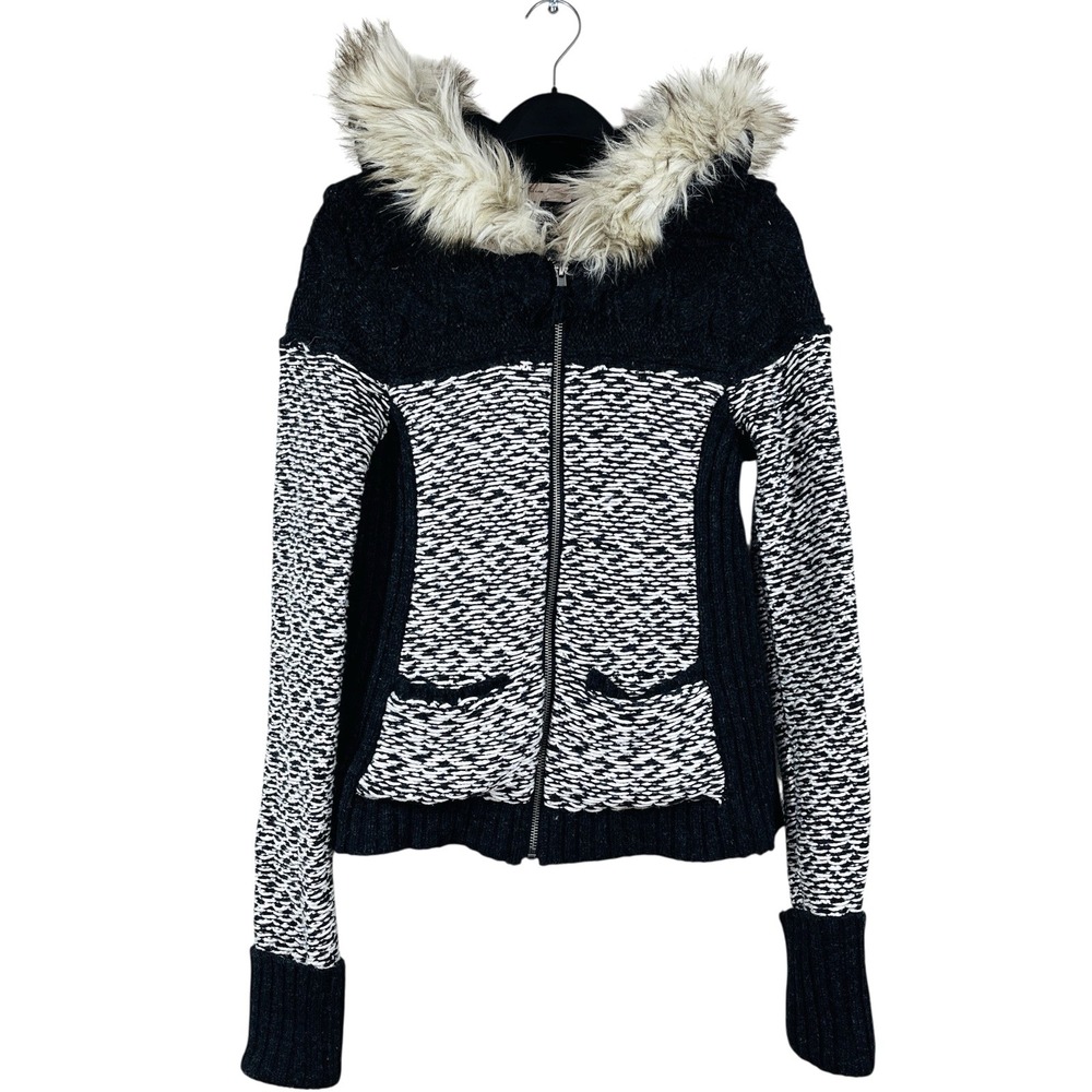 Sleeping On Snow Chunky Knit Full Zip Fur Hoodie Women S Wool Blend Sweater Coat